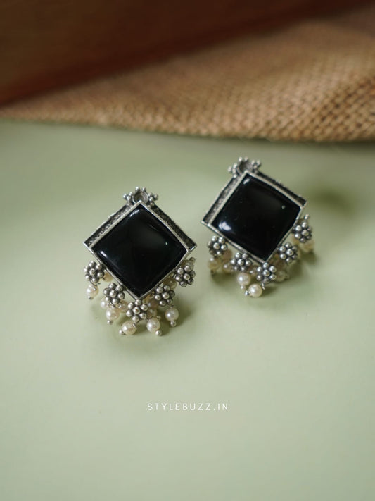 Silver Replica Black Colored Stoned Stylish Earrings