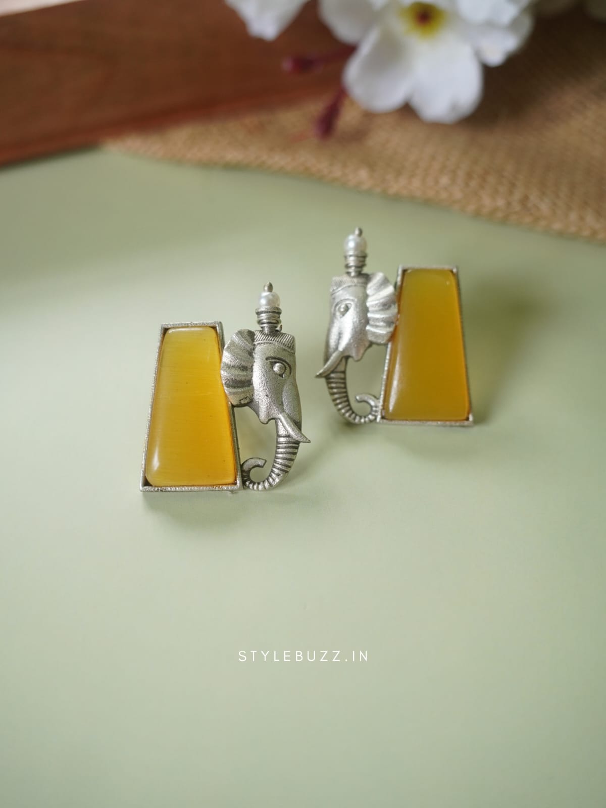 Silver Replica Yellow Stoned Gaja Designed Earrings