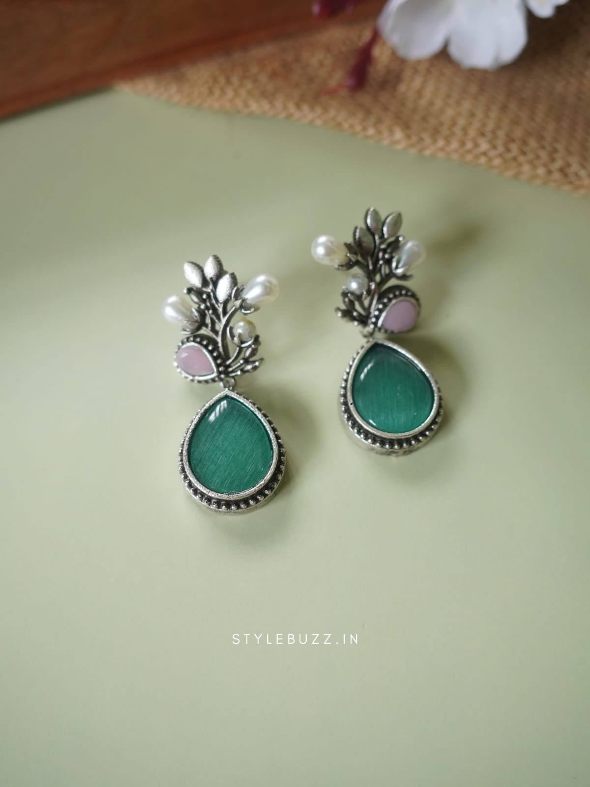 Silver Replica Green Stoned Premium Designed Earrings