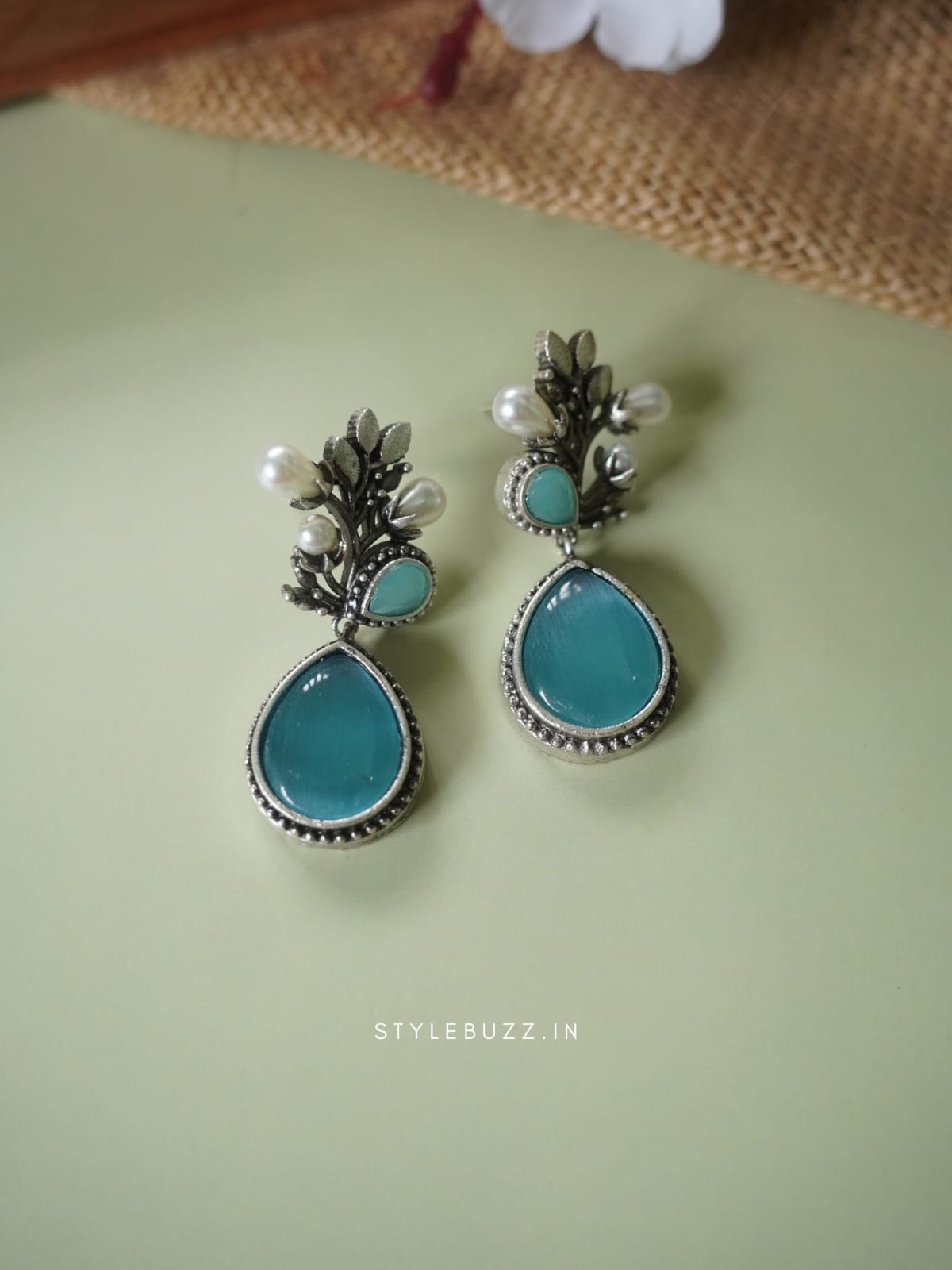 Silver Replica Blue Stoned Premium Designed Earrings