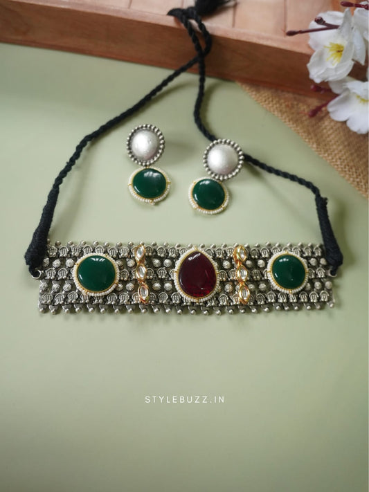 Silver Replica Gorgeous Designed Maroon And Green Stoned Chokar