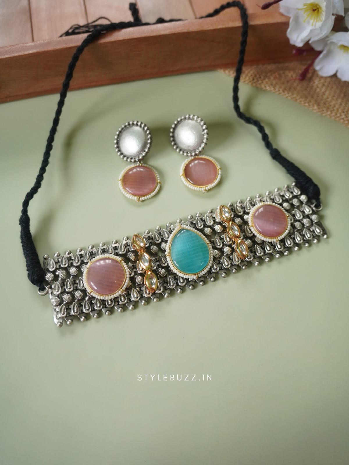 Silver Replica Festive Wear Pink And Blue Stoned Chokar