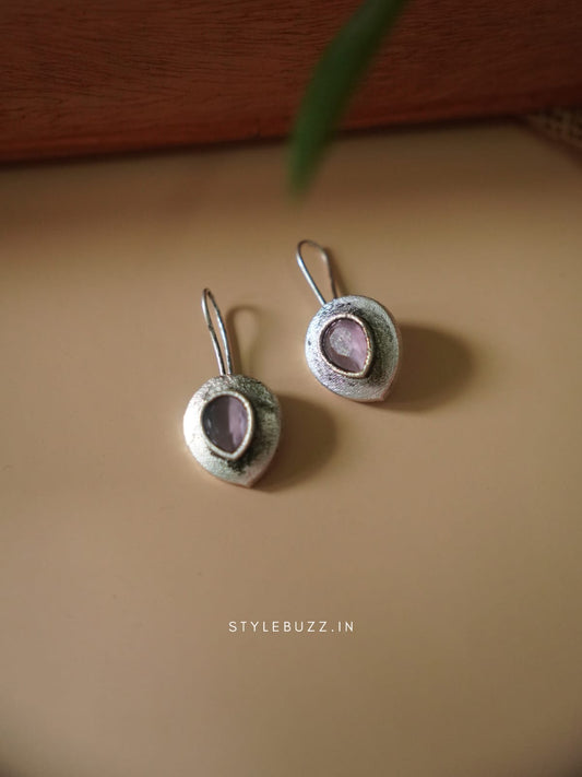 Silver Replica Pink Colored Stoned Small Earrings