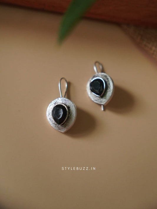 Silver Replica Black Colored Stoned Small Earrings