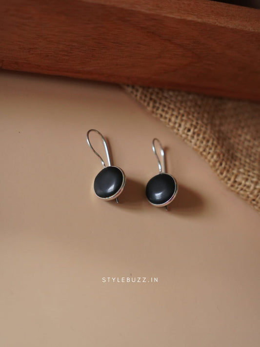 Silver Replica Black Colored Stoned Circle Shaped Earrings