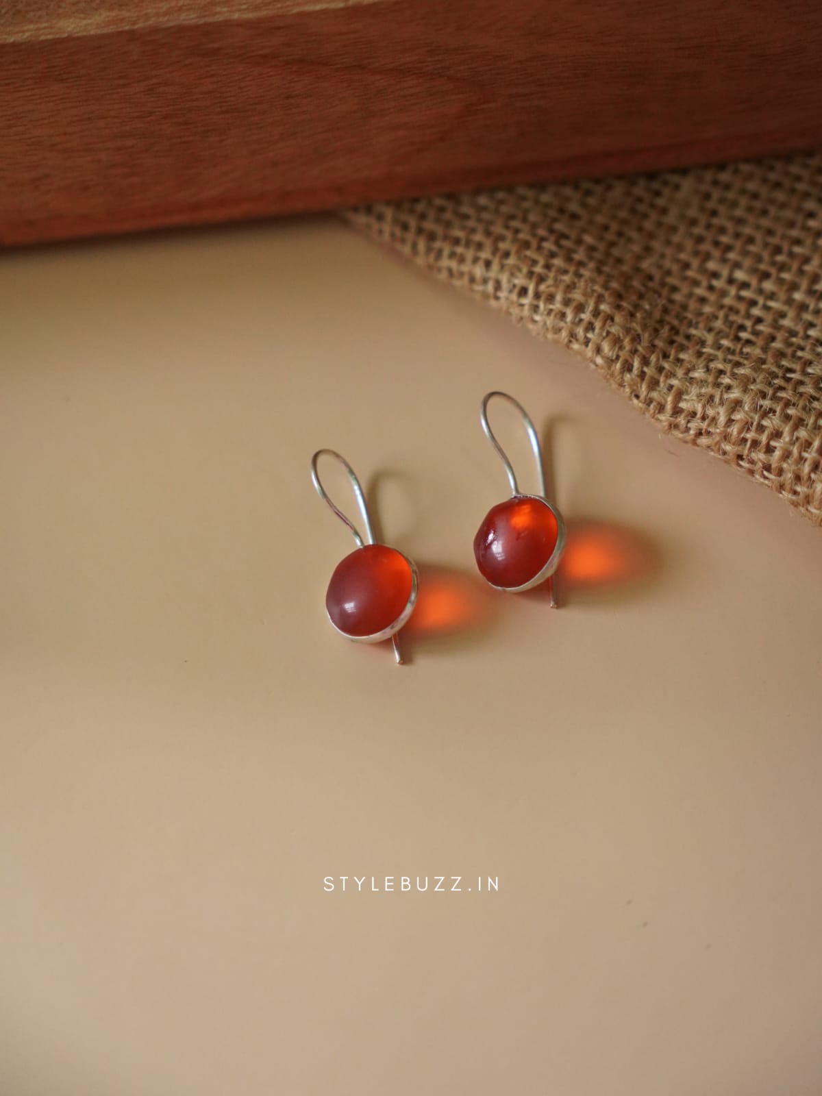 Silver Replica Red Colored Stoned Circle Shaped Earrings