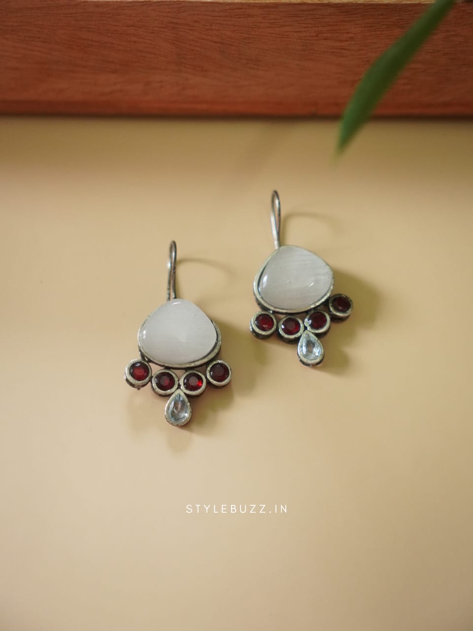 Silver Replica White And Red Colored Stoned Fashionable Earrings