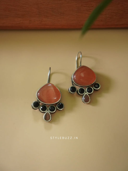 Silver Replica Orange And Black Colored Stoned Fashionable Earrings