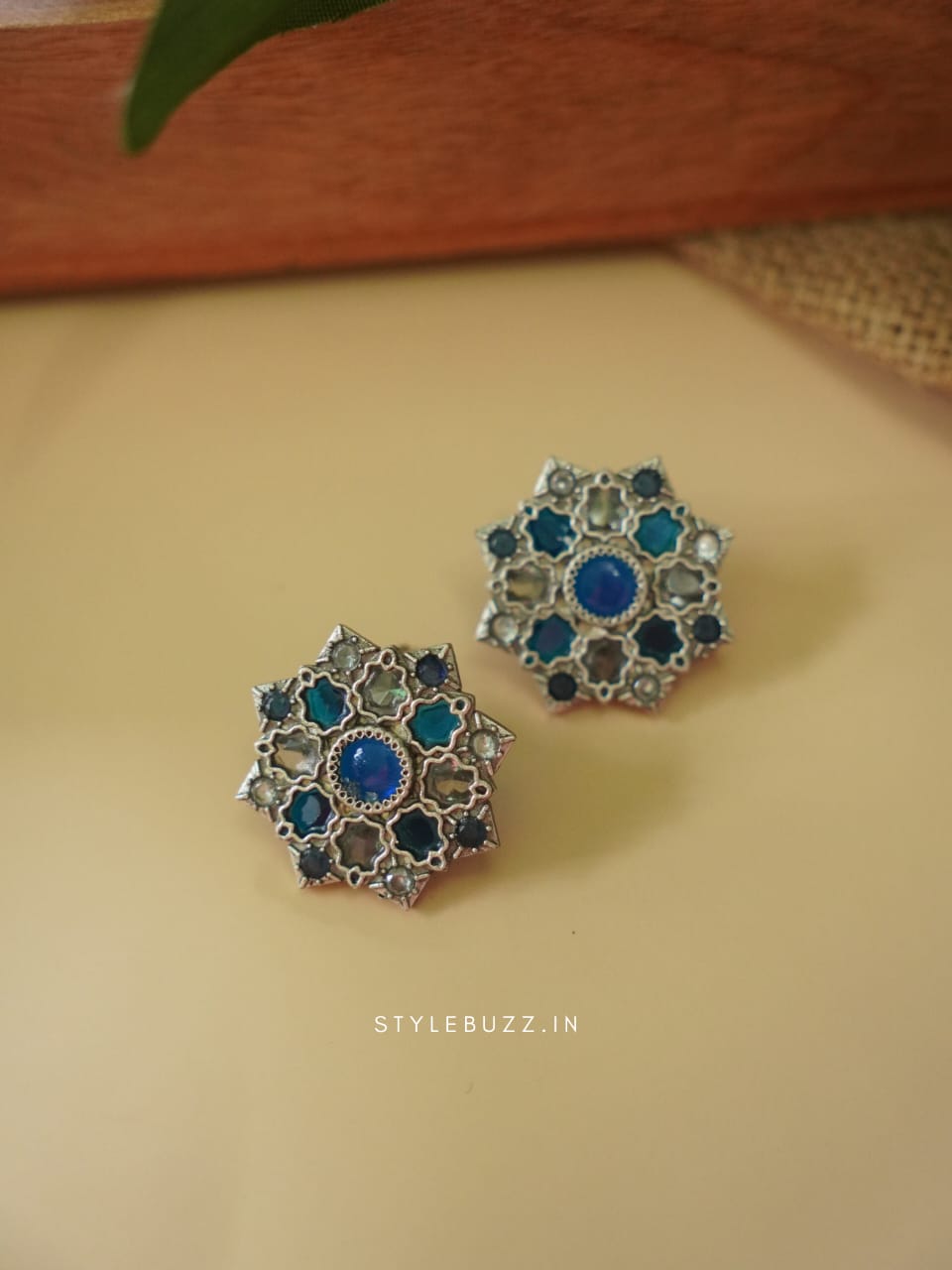 Silver Replica Blue Colored Stoned Flower Designed Pretty Earrings