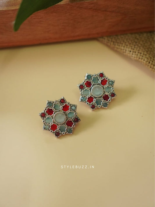 Silver Replica Red Colored Stoned Flower Designed Pretty Earrings