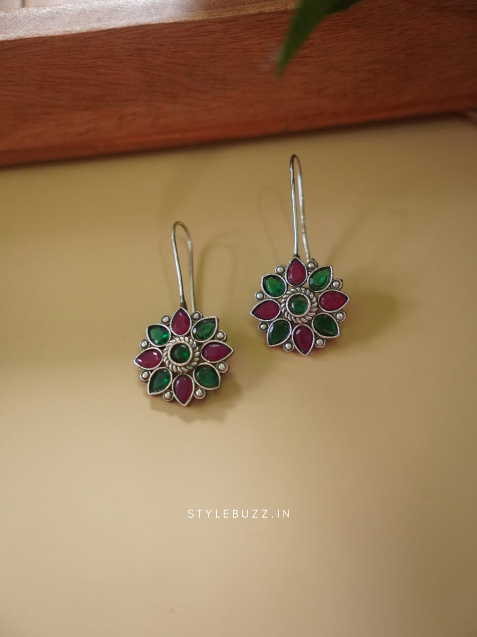 Silver Replica Green And Pink Colored Stoned Flower Designed Pretty Earrings