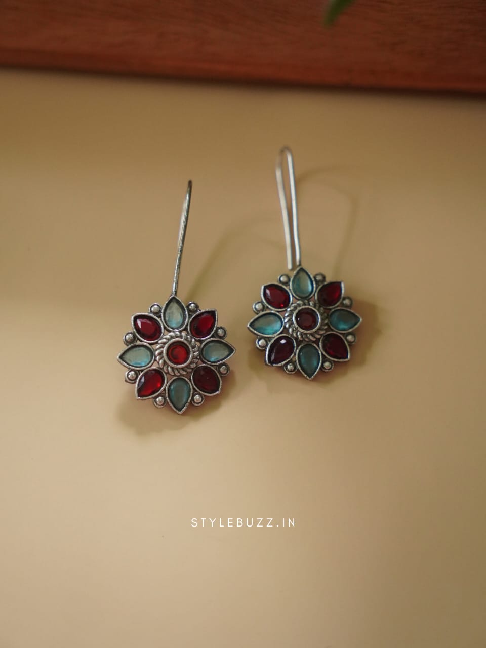 Silver Replica Lite Green And Red Colored Stoned Flower Designed Pretty Earrings