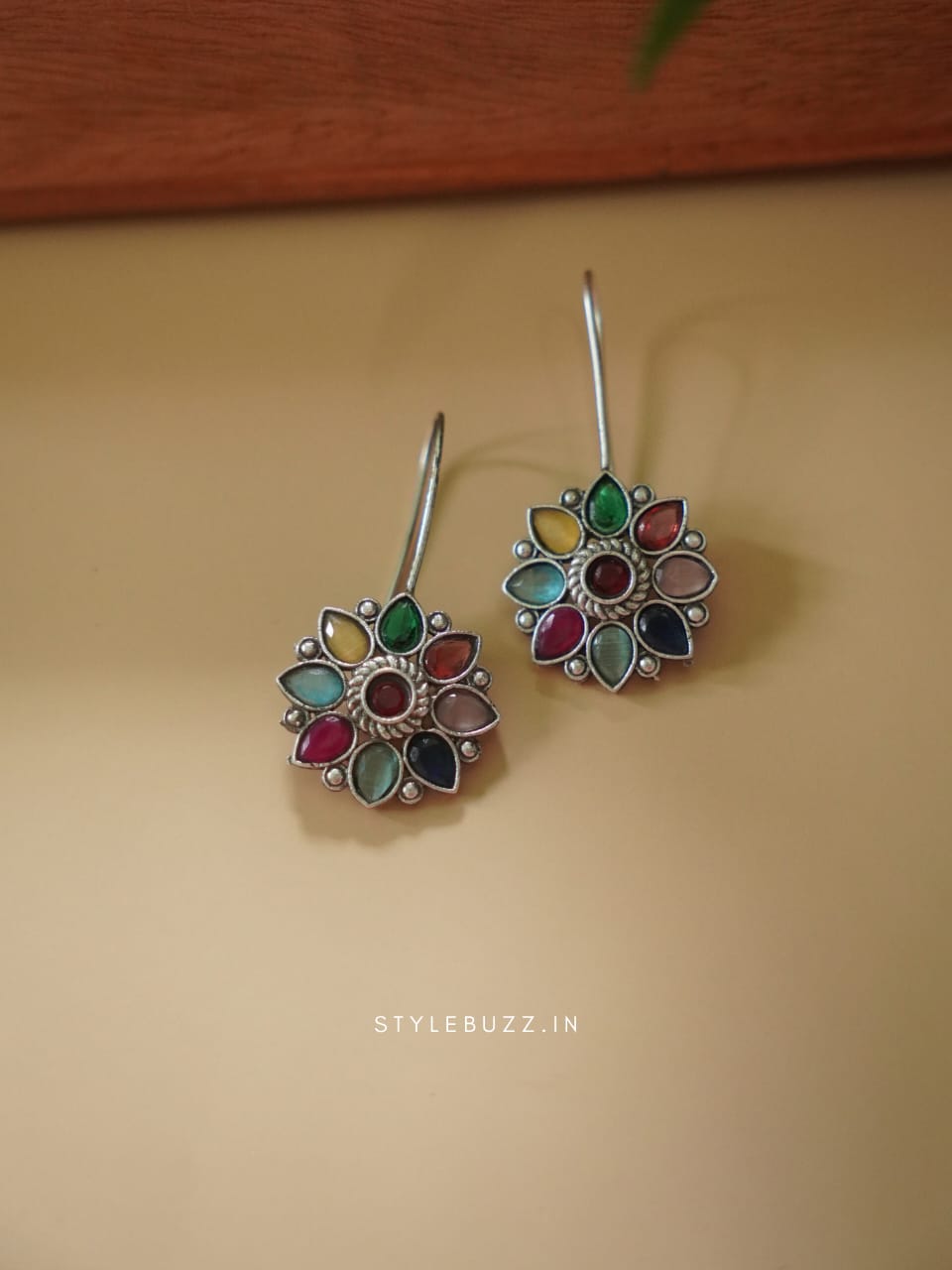 Silver Replica Multi Stoned Flower Designed Pretty Earrings