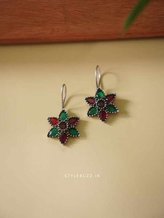 Silver Replica Multi Stoned Flower Designed Beautiful Earrings