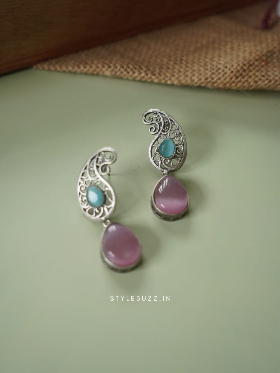 Silver Replica Sky And Pink Colored Stoned Classic Earrings