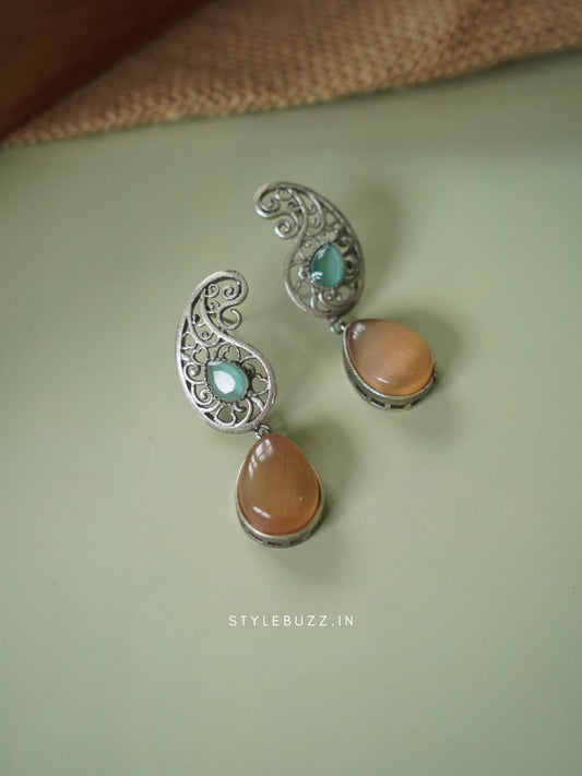 Silver Replica Sky And Orange Colored Stoned Classic Earrings