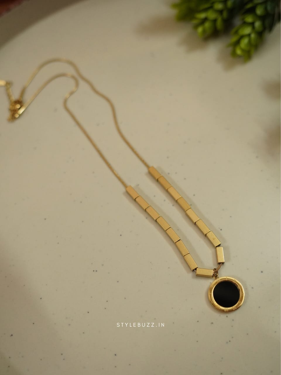 Anti Tarnish Gold Toned Necklace With Black Stylish Pendent