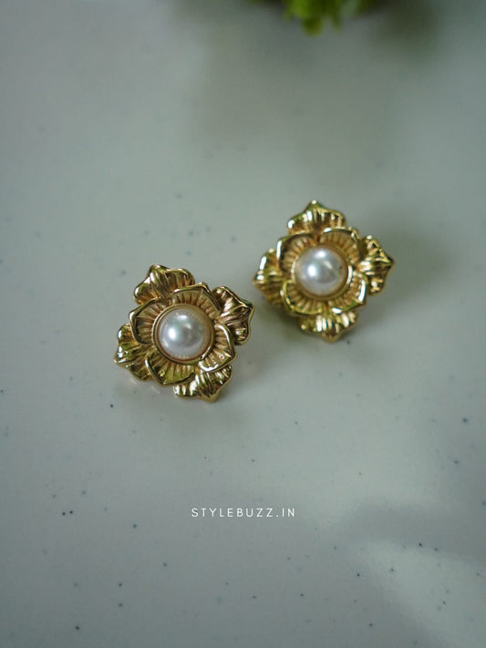 Anti Tarnish Blooming Flower Earrings With Vintage Pearl