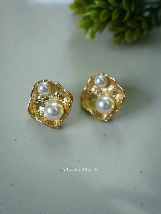 Anti Tarnish Gold And Pearl Bar Earrings