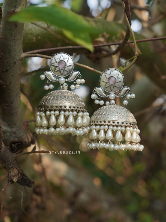 Silver Replica Purple Stoned Trending Jhumka With White Beads