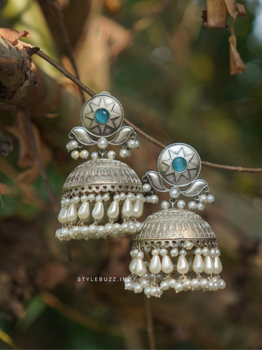 Silver Replica Blue Stoned Trending Jhumka With White Beads