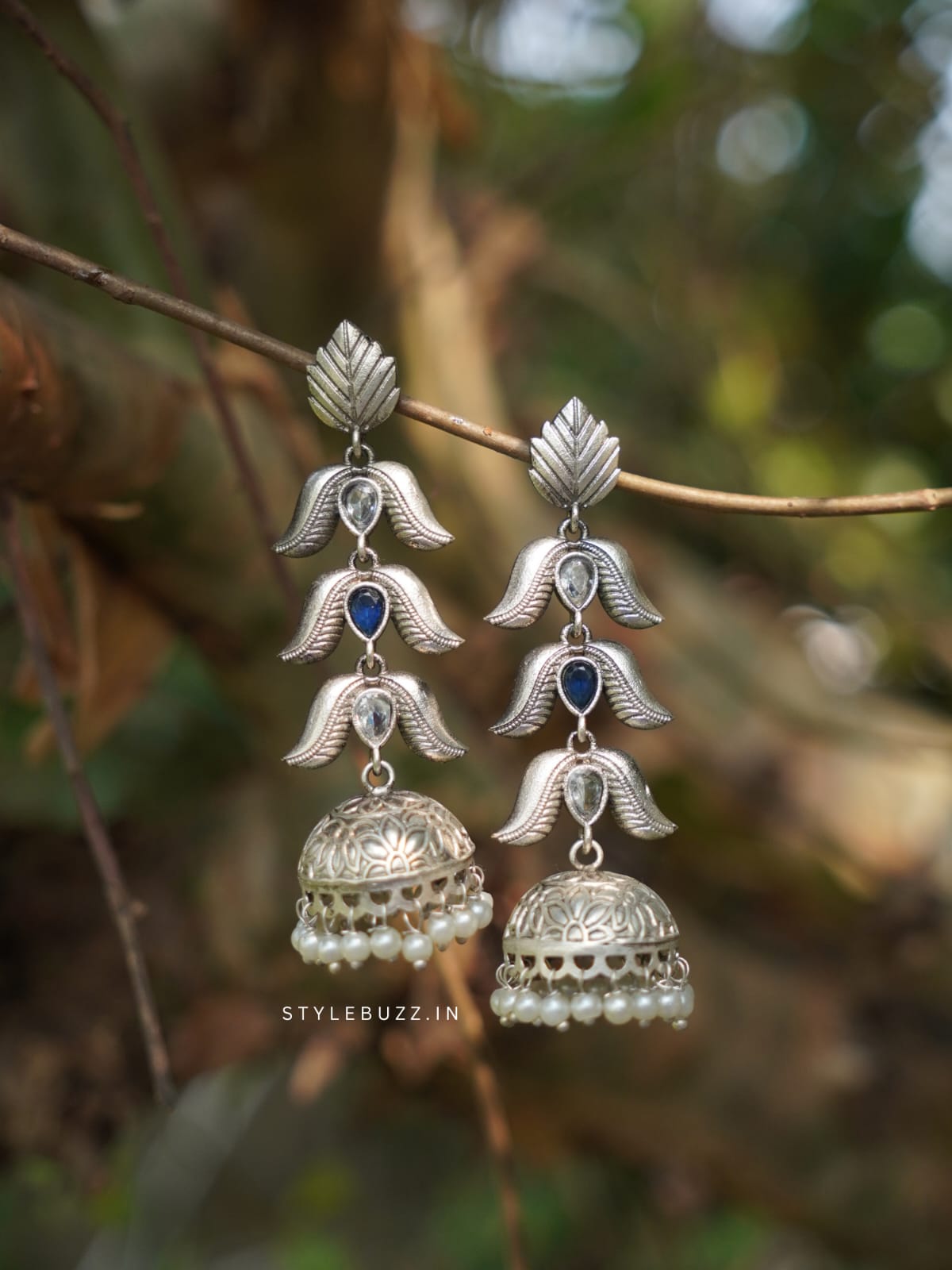 Silver Replica Blue And White Stoned Stylish Earrings With White Beads