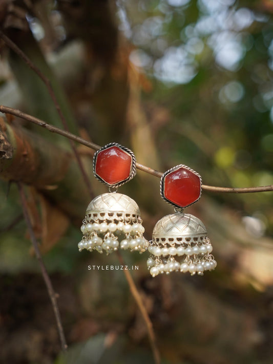 Silver Replica Red Stoned Fashionable Earrings With White Beads