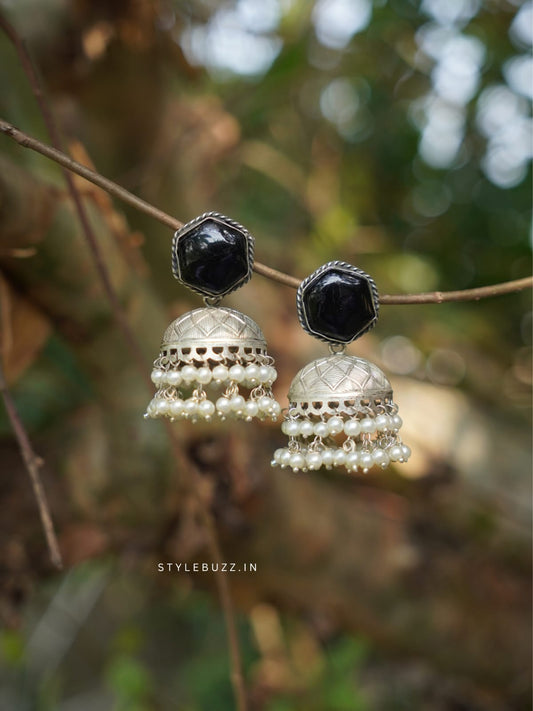 Silver Replica Black Stoned Fashionable Earrings With White Beads