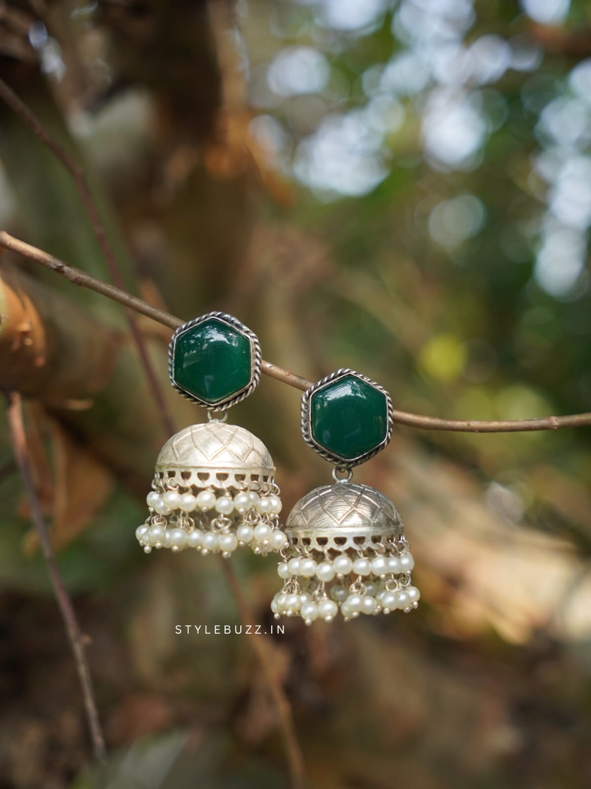 Silver Replica Green Stoned Fashionable Earrings With White Beads