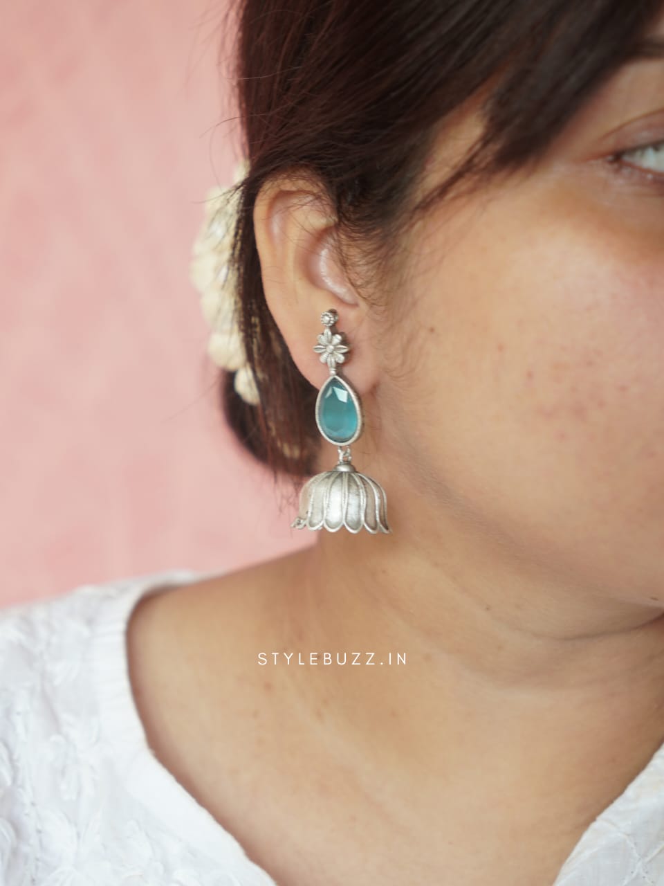 Premium Flower Designed Sea Green Stoned Earrings