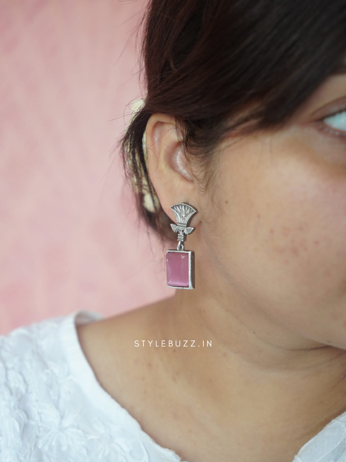 Silver Replica Trendy Pink Square Earring