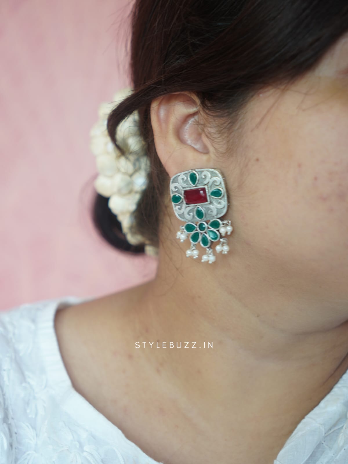 Silver Replica Red & Green Earrings with Lahari Beads