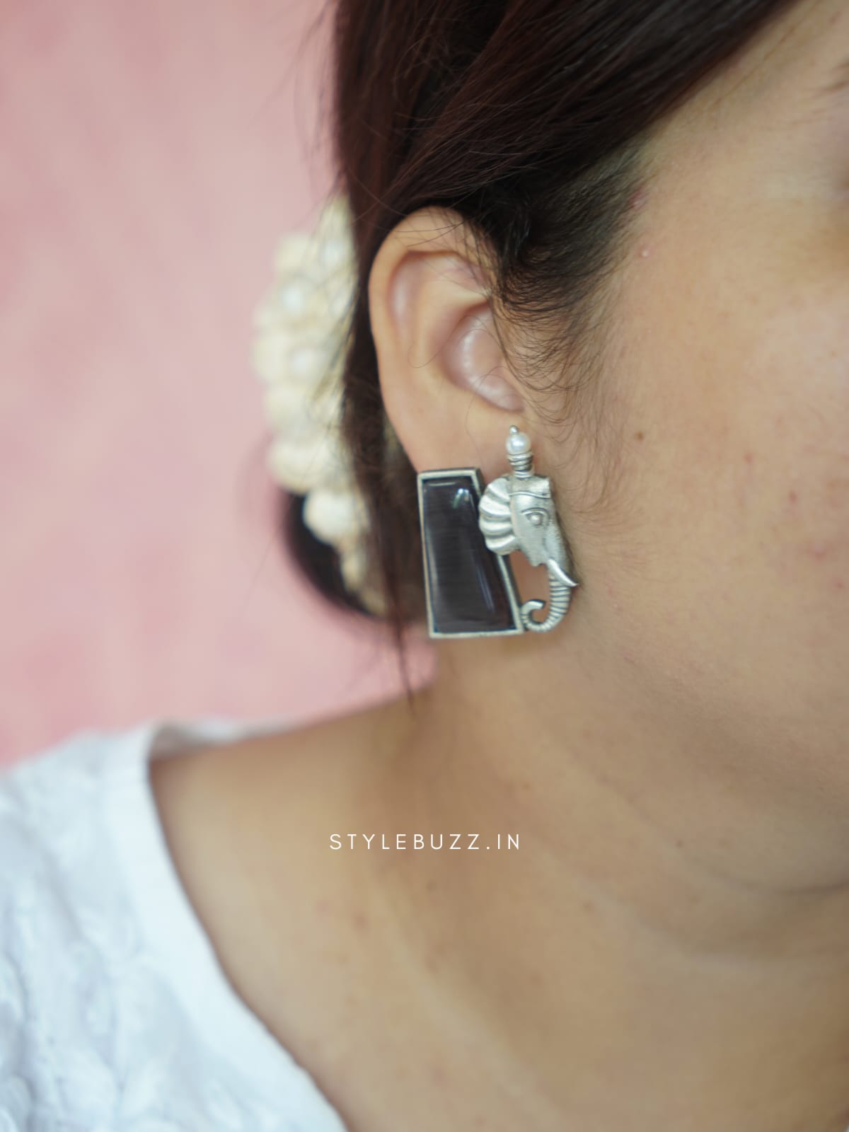 Silver Replica Ganesh Ear Stud with Purple Monalisa Stone