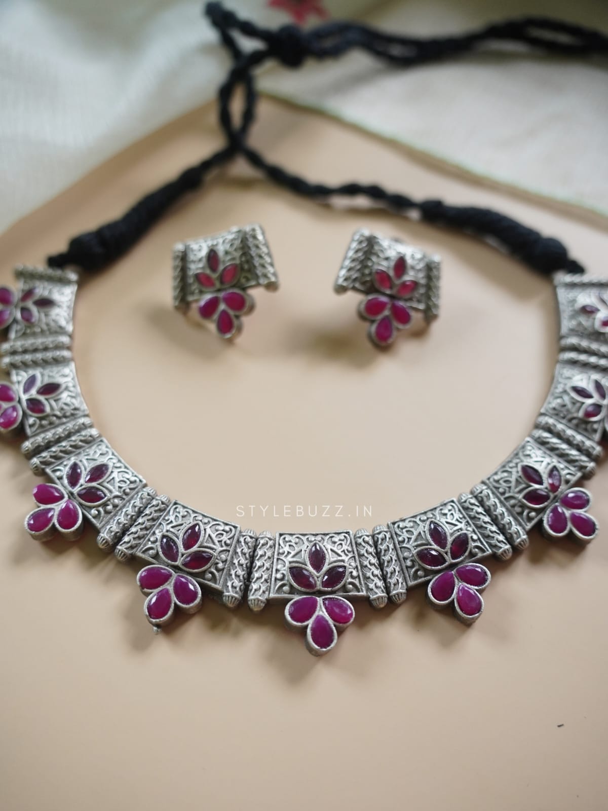 Silver Replica Deep Pink Stoned Adjustable Necklace