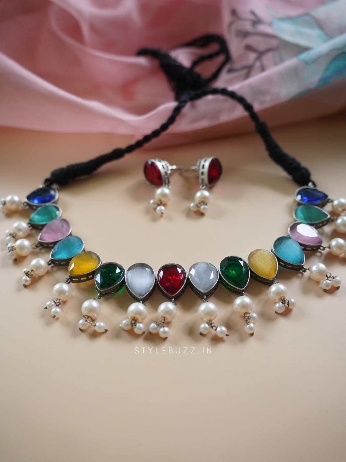 Silver Replica Multi Colored Stoned Adjustable Necklace With White Beads