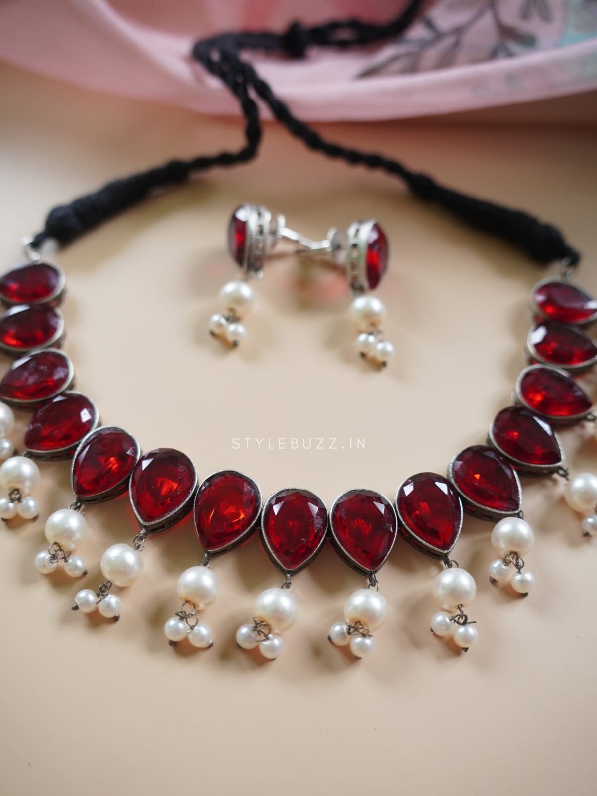 Silver Replica Red Stoned Stylish Adjustable Necklace With White Beads