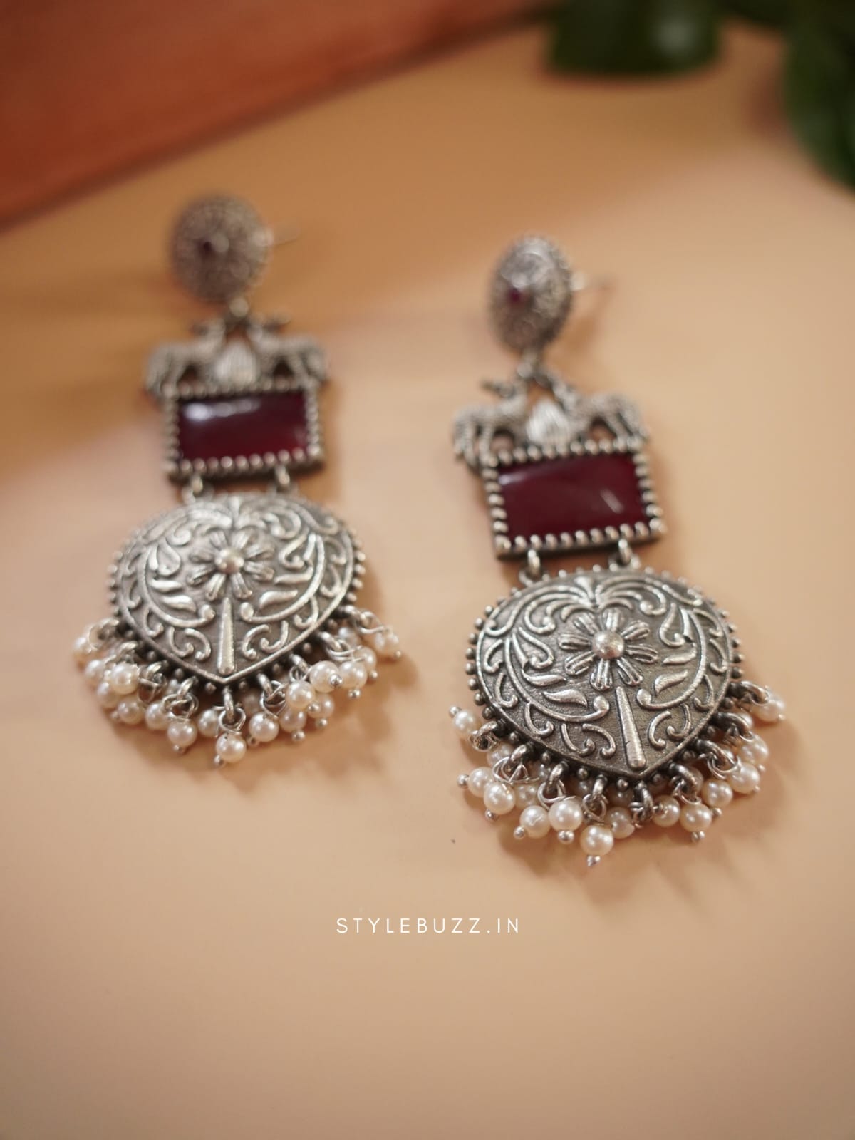 Silver Replica Deer Designed Red Stoned Earrings For Woman