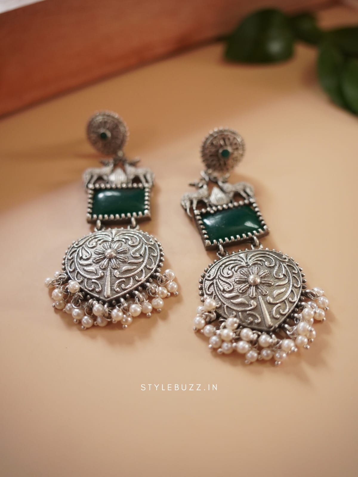 Silver Replica Deer Designed Green Stoned Earrings For Woman