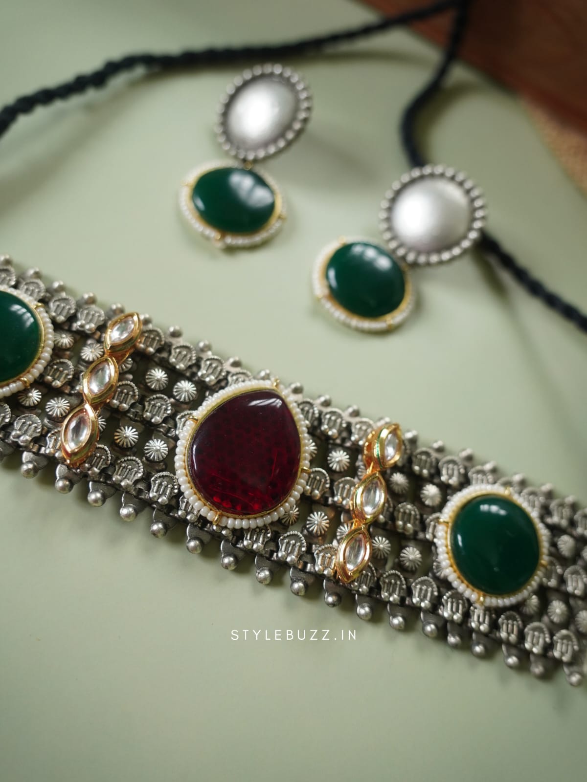 Silver Replica Gorgeous Designed Maroon And Green Stoned Chokar