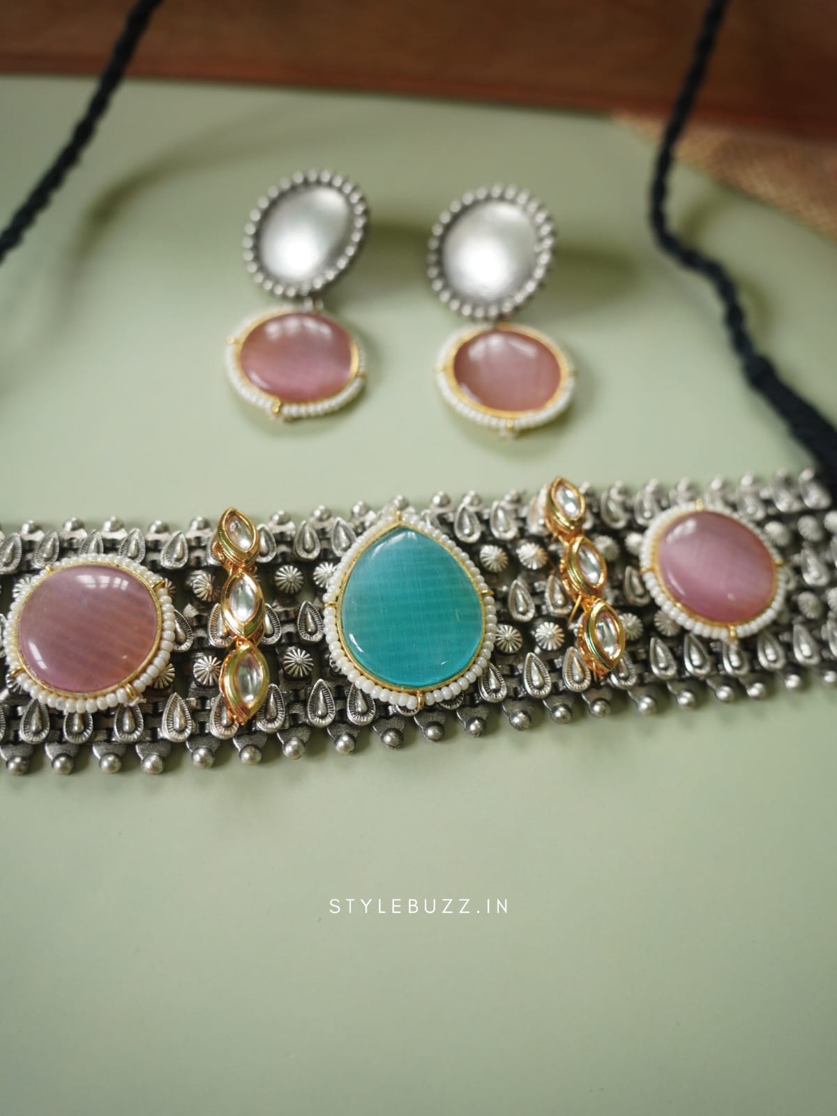 Silver Replica Festive Wear Pink And Blue Stoned Chokar