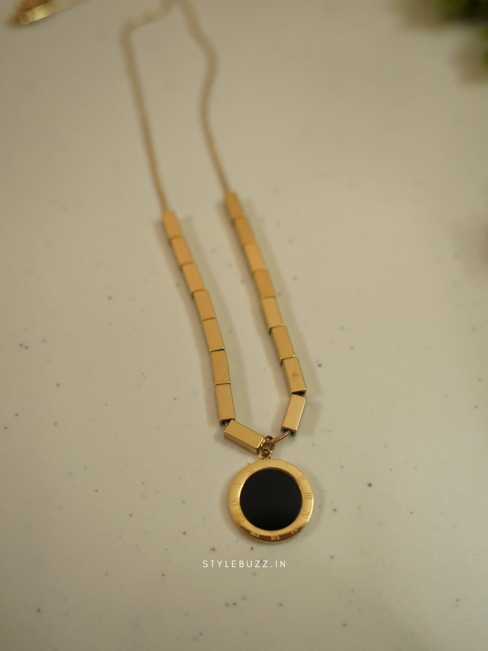 Anti Tarnish Gold Toned Necklace With Black Stylish Pendent