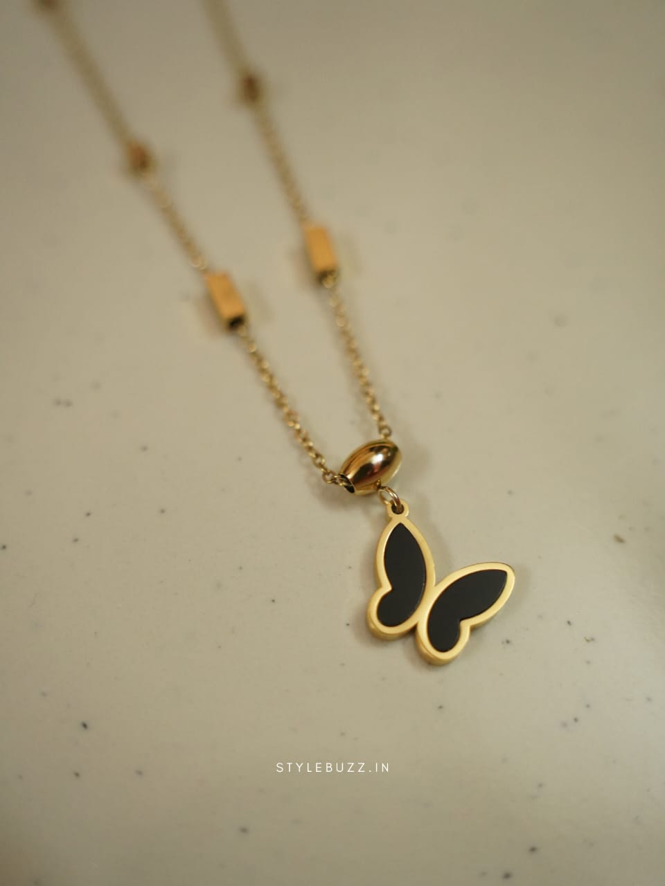 Anti Tarnish Gold Toned Black Butterfly Designed Party Wear Necklace