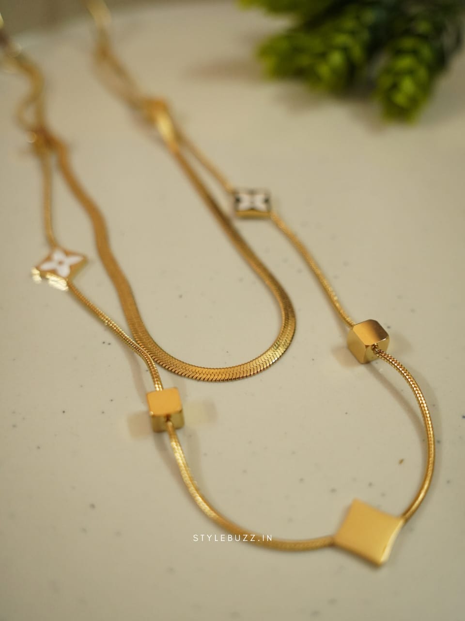 Anti Tarnish Gold Toned Aesthetic Designed Double Chain Necklace