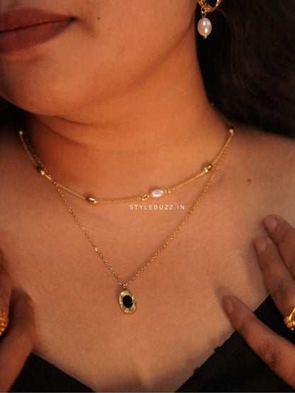 Anti Tarnish Gold Toned Oval Black Stoned Necklace With Double Chain