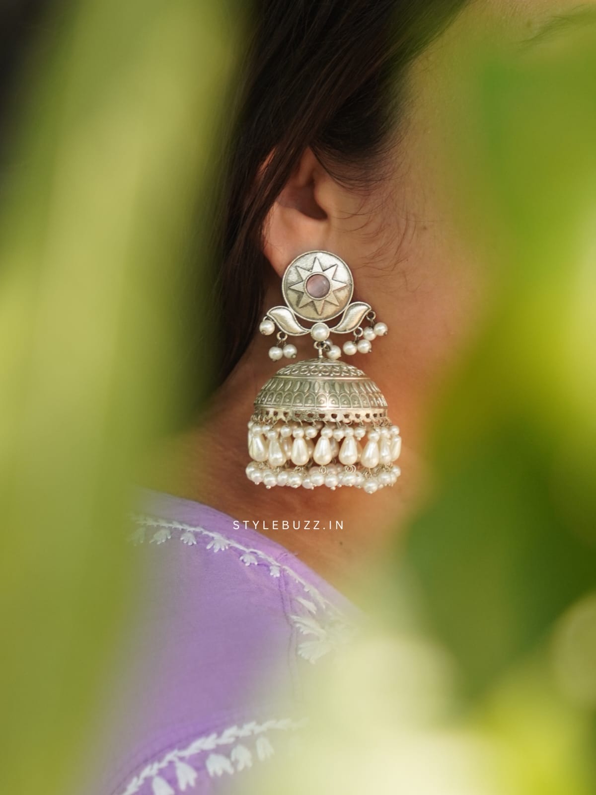 Silver Replica Purple Stoned Trending Jhumka With White Beads