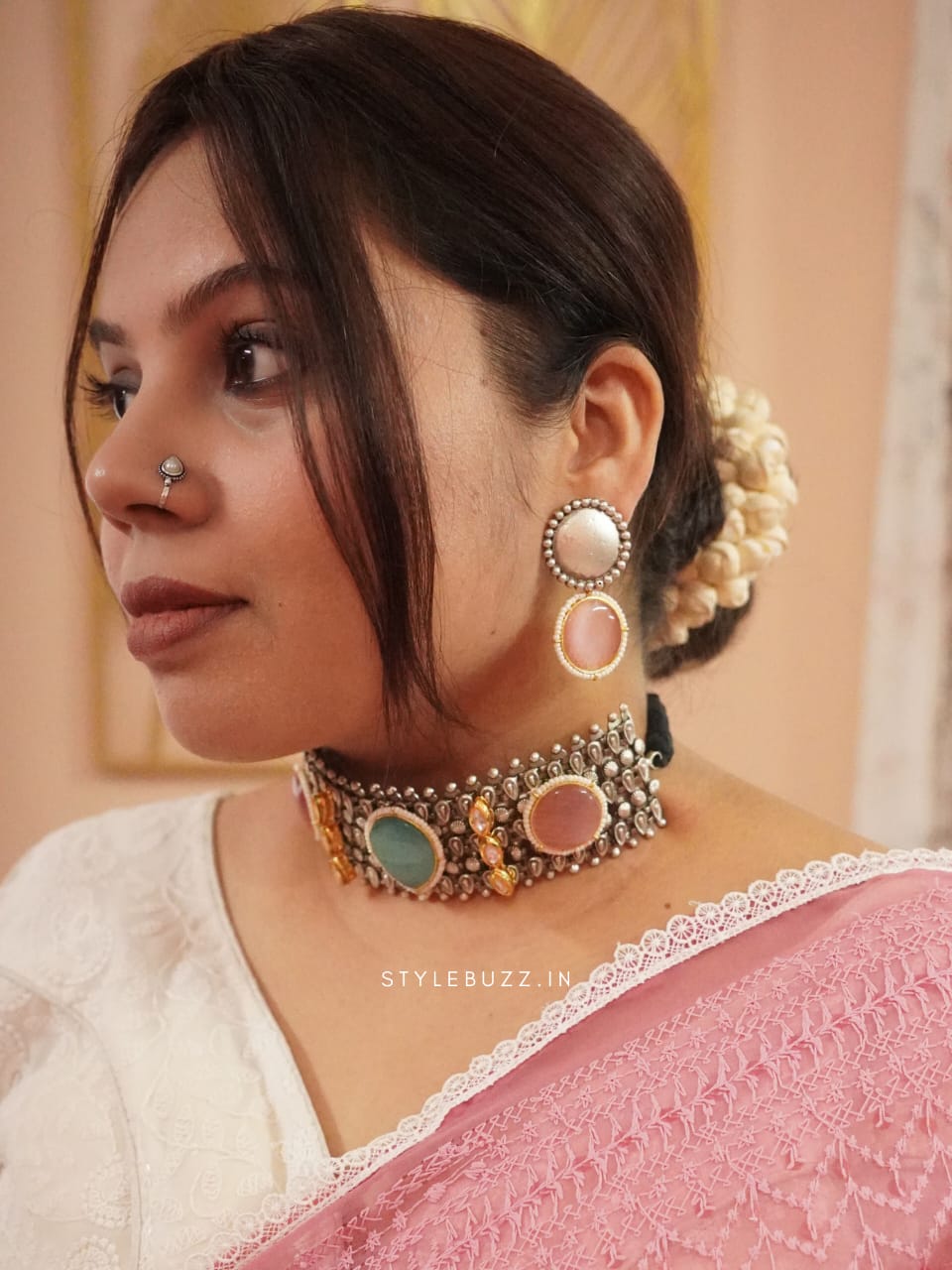 Silver Replica Festive Wear Pink And Blue Stoned Chokar