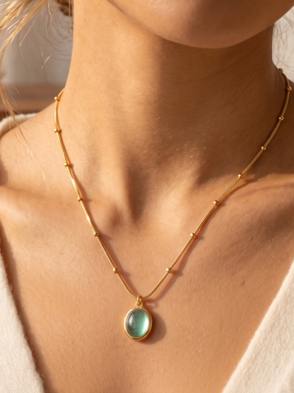 anti tarnish Necklace with a green pendant worn