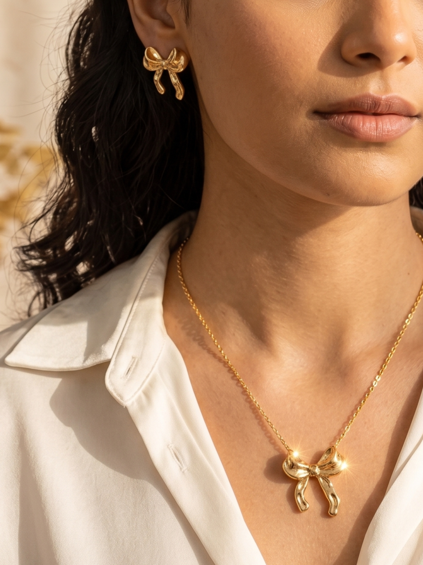 anti tarnish bow-shaped necklace and earrings.