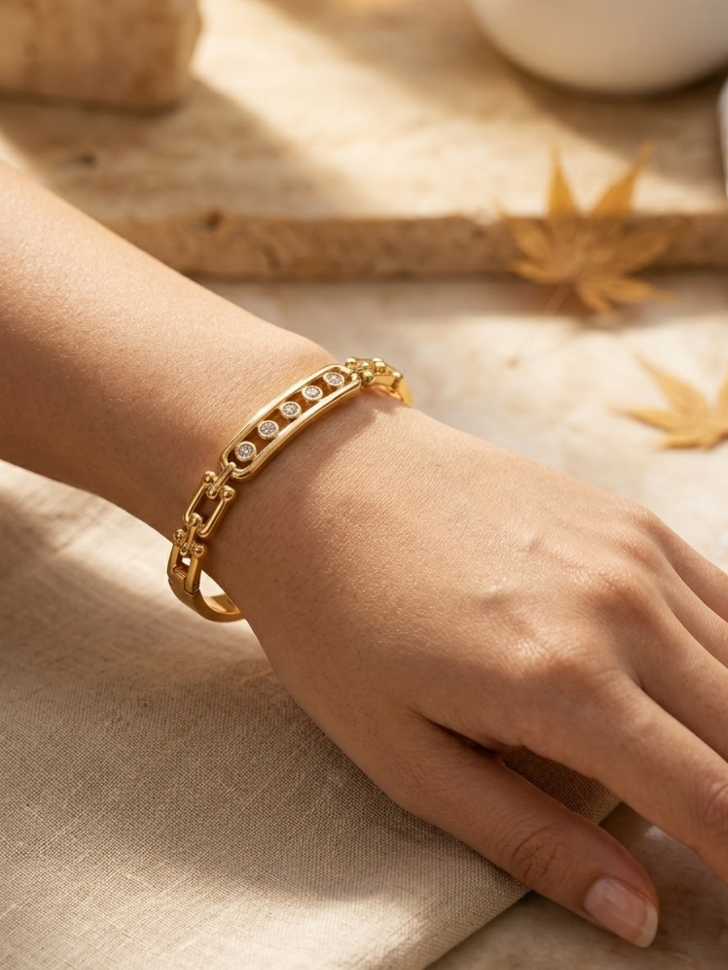 anti tarnish gold bracelet with embedded stones 