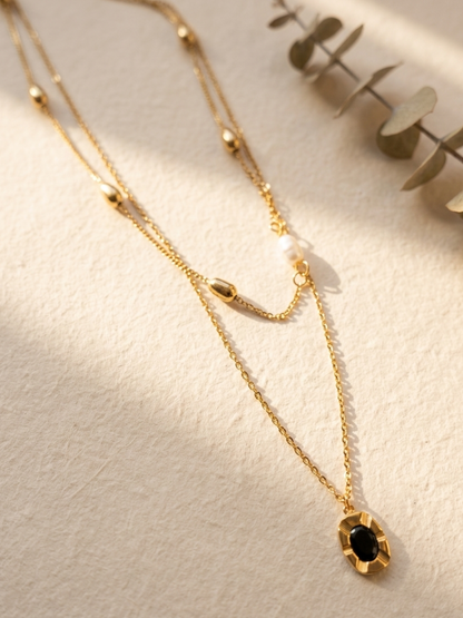 tarnish free doble layer necklace with a black pendant 